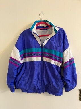 Vintage-Inspired Blue Windbreaker Jacket with Colorblock Stripes